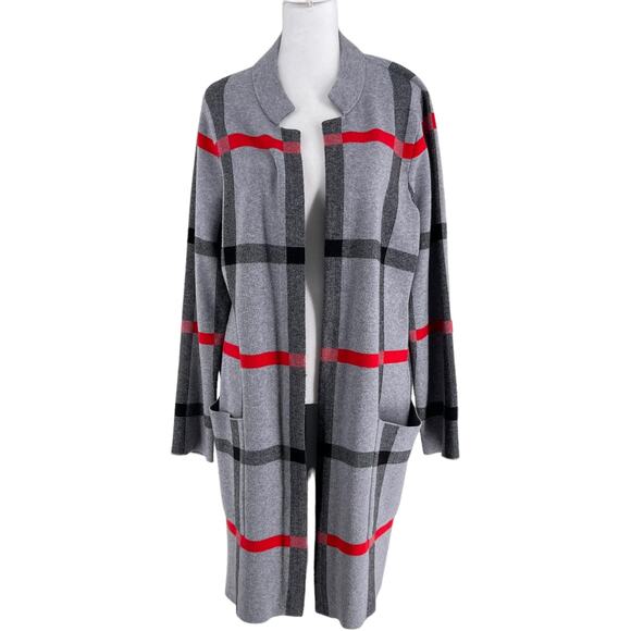 TAHARI Long Line Plaid Windowpane Open Front Cardigan Sweater Duster 1X - Picture 1 of 7